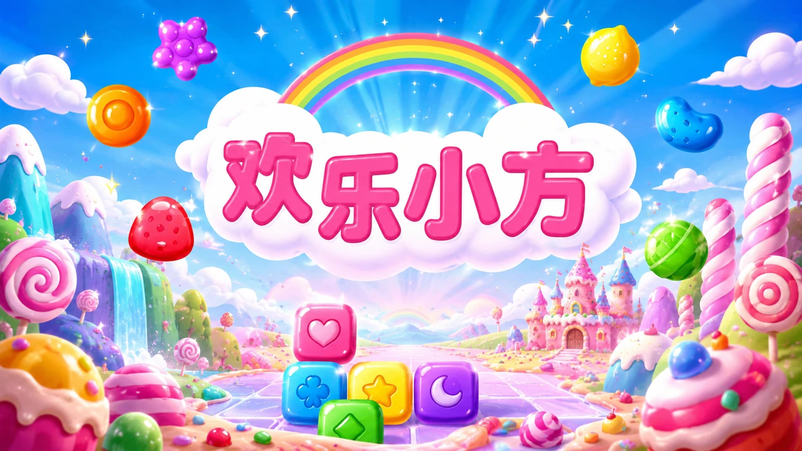 欢乐小方 —— 彩虹与糖果城堡下，五颗彩色方块排列在糖果乐园的道路上